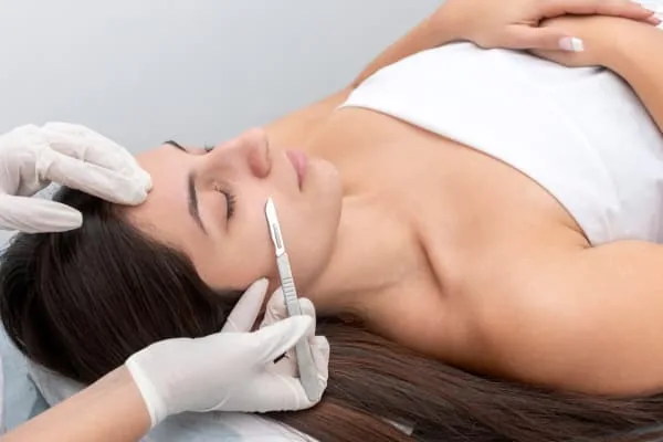 Aesthetician in sterile gloves guiding a surgical blade along a client's cheek during a dermaplane facial, the exfoliation step that lifts away dead skin cells and peach fuzz