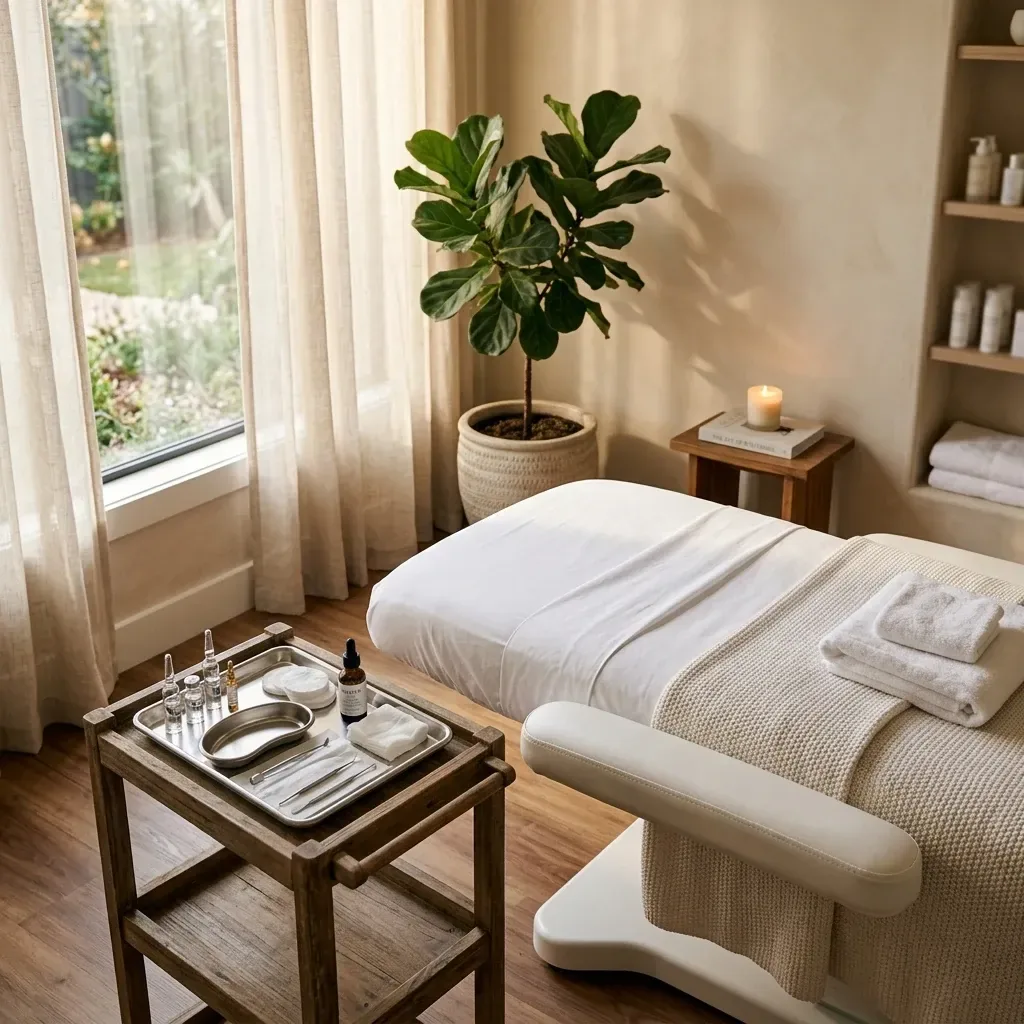 Facial treatment room prepared for a dermaplane facial, with a sterile blade tray, serums, and a clean treatment bed by the window