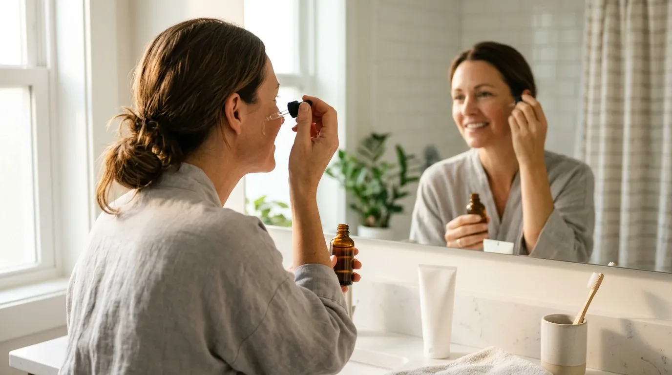 Woman applying a drop of vitamin C serum to her cheek at a bright bathroom counter with sunscreen waiting beside it, the morning brightening step for fading sunspots on the face