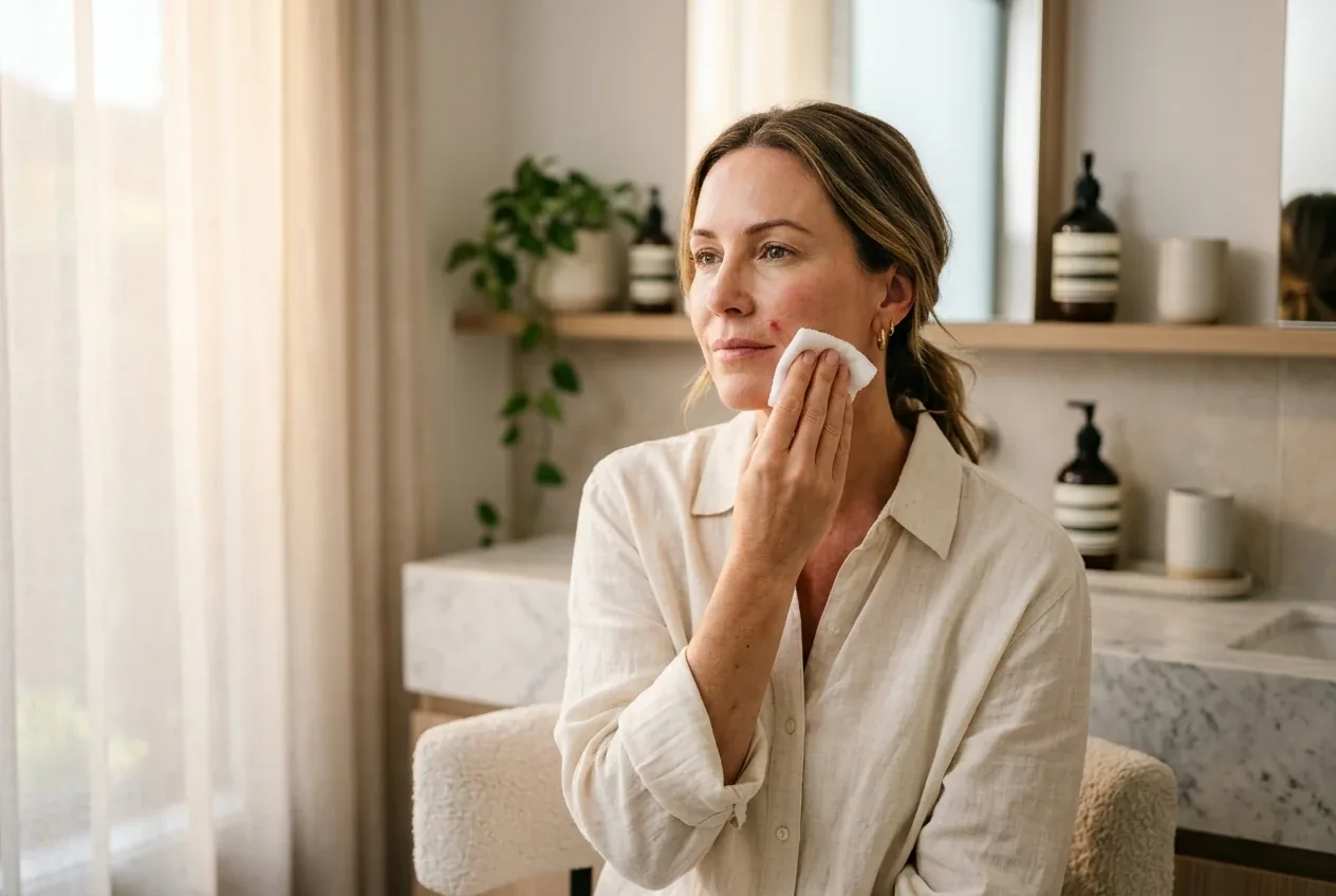 Woman holding a cool compress against her cheek near the nasolabial fold during the first day of recovery after smile line filler