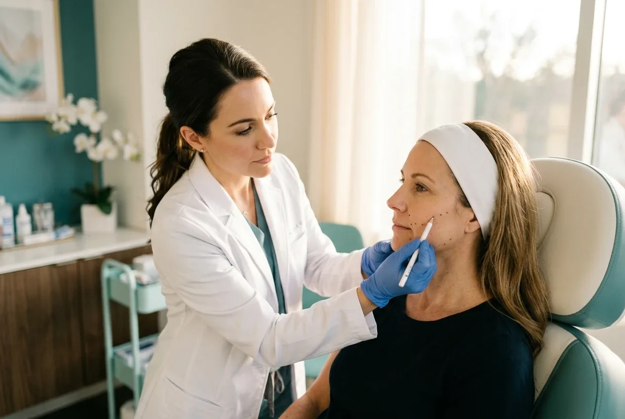 Nurse practitioner mapping nasolabial fold filler injection points on a patient's cheek at Coastal Health & Medical Spa in Jacksonville, FL