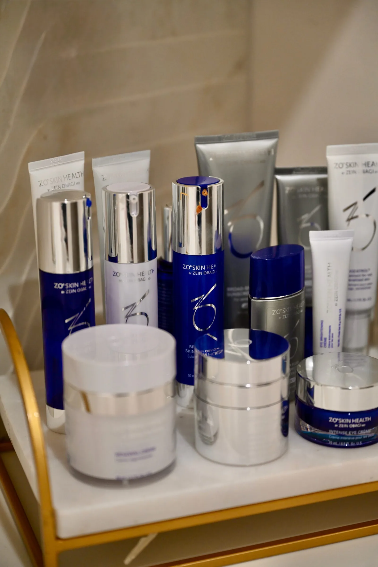Skincare products arranged for a post-facial home routine in Jacksonville