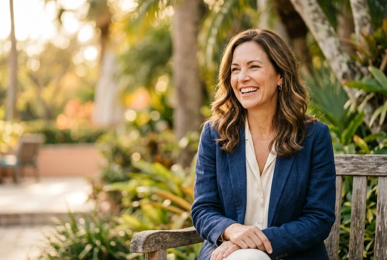 Smiling woman in soft Florida afternoon light with naturally softened smile lines after nasolabial fold filler in Jacksonville, FL