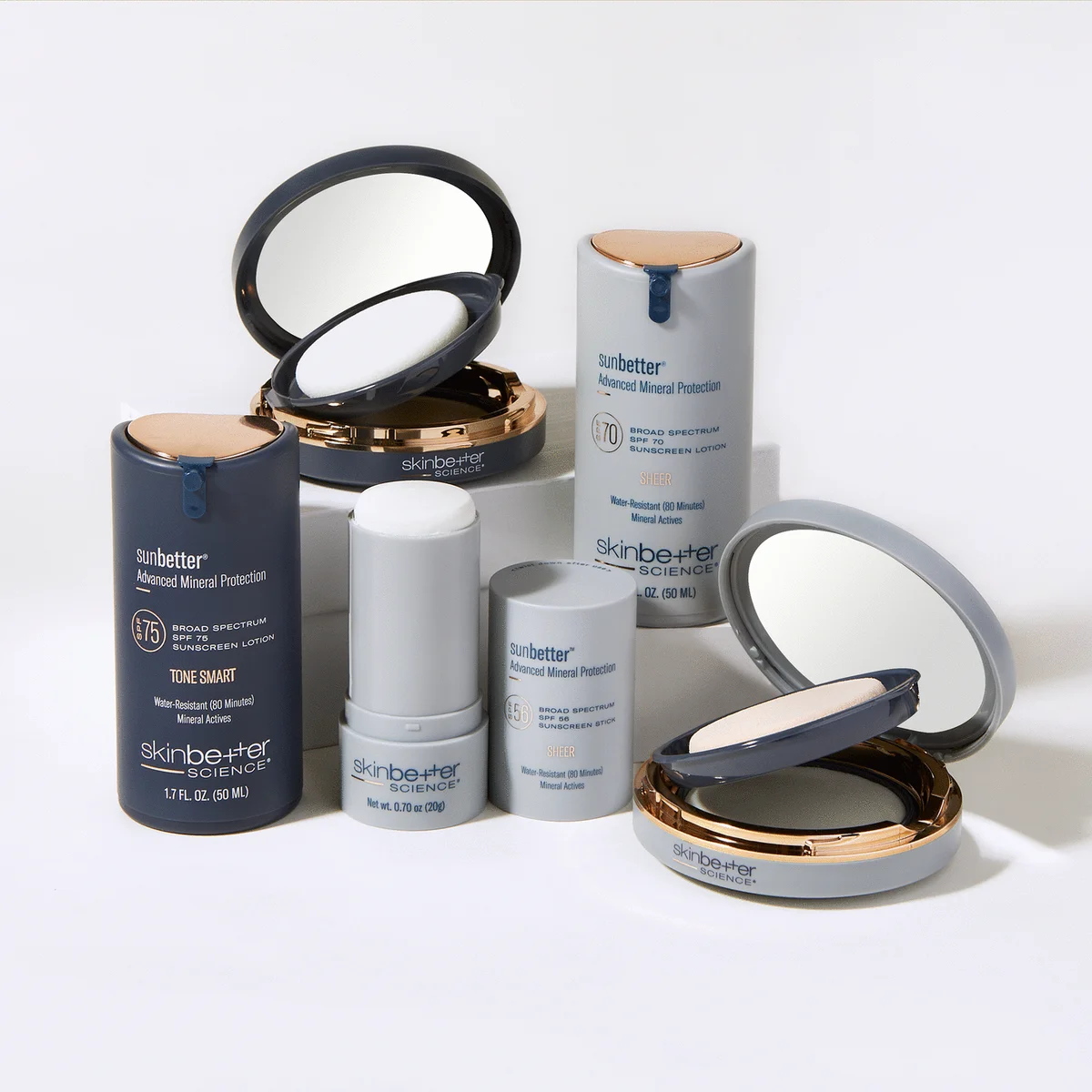 sunbetter mineral sunscreen family by Skinbetter Science: lotions, compacts, and stick (image courtesy of Skinbetter Science)