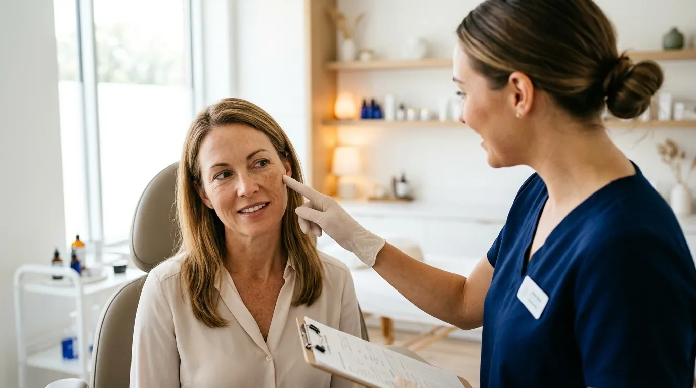 Aesthetician in navy scrubs pointing to freckled sunspots on a smiling client's cheek during a sunspot treatment consultation in a bright treatment room