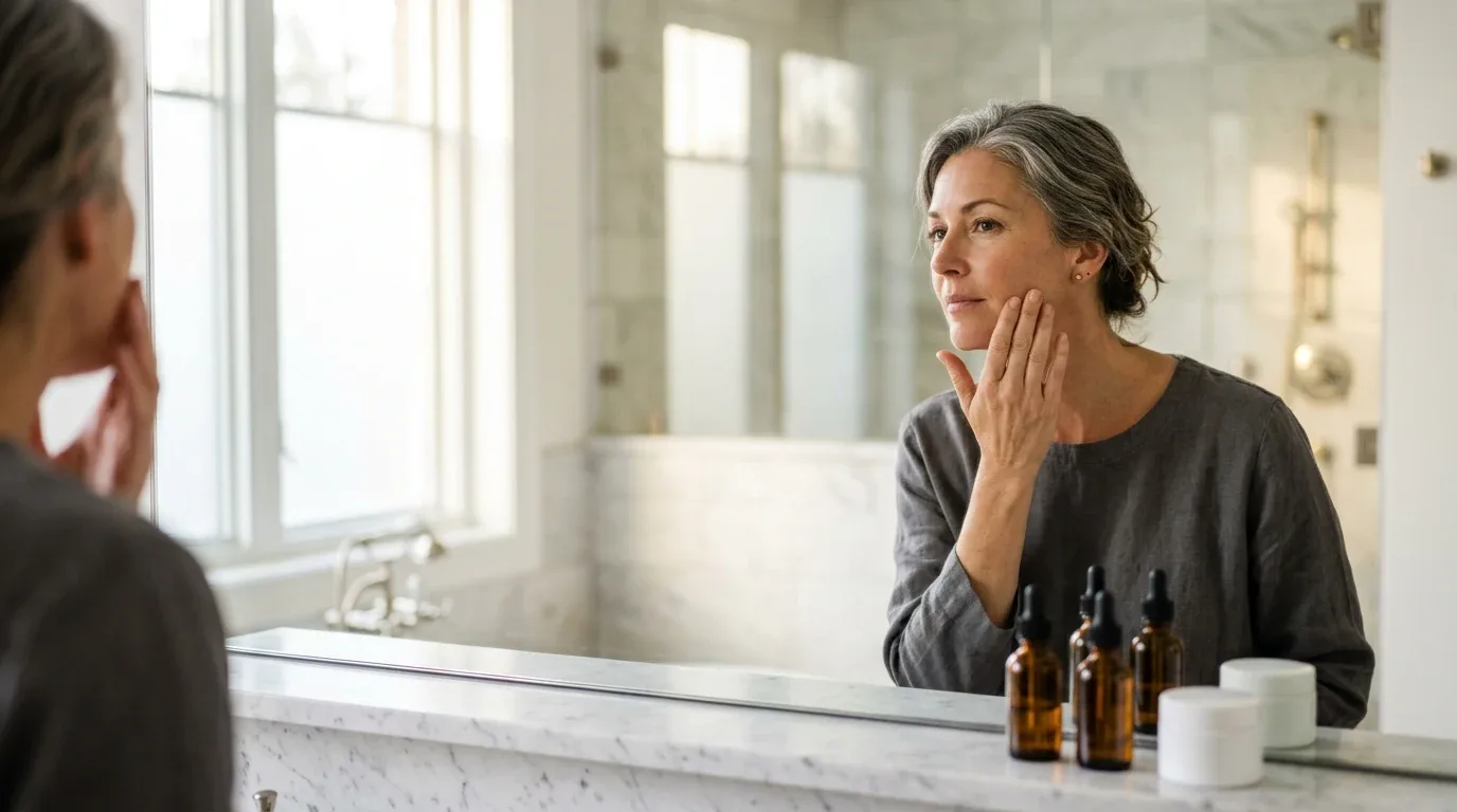 Woman in her forties checking the sunspots on her cheek in a bathroom mirror, the first step in working out how to get rid of sunspots on your face after summer