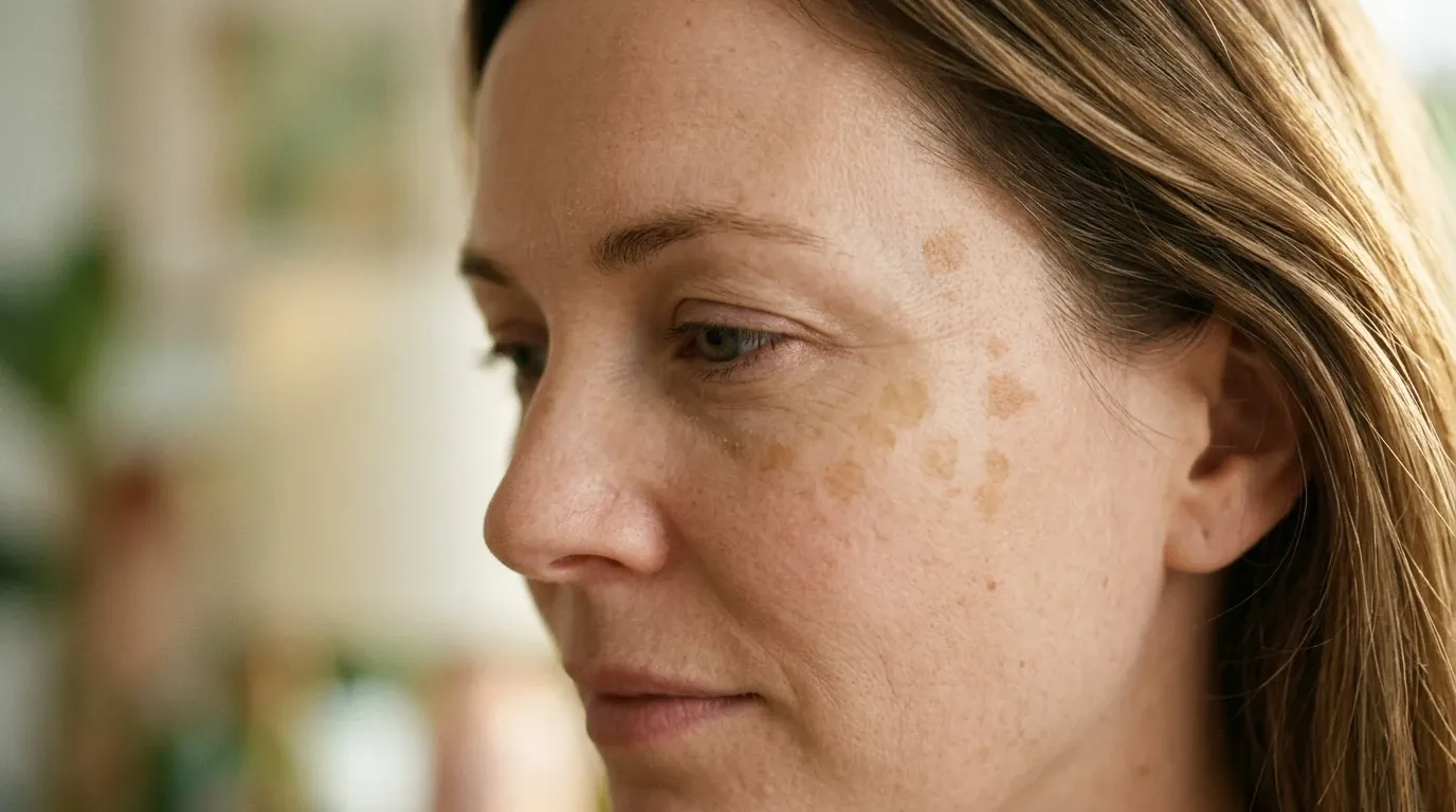 Close-up of a woman's cheek and temple showing several flat, tan-to-brown sunspots with defined edges, the typical look of solar lentigines on the face after summer