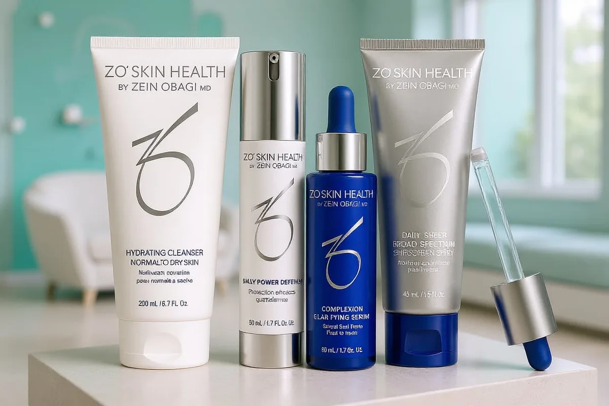 ZO Skin Health cleanser, serum, and sunscreen products used to maintain brightening facial results at home.