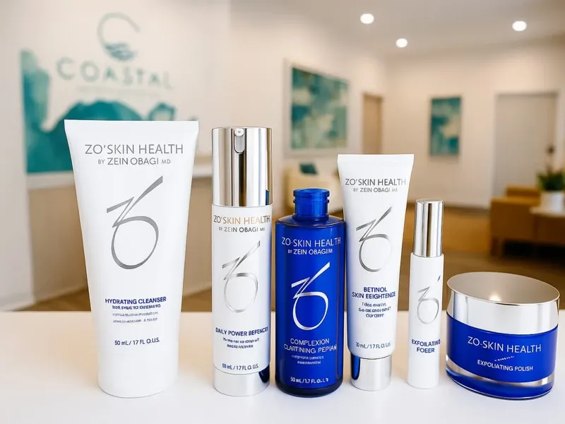 ZO Skin Health medical-grade skincare products lined up on a shelf at Coastal Health & Medical Spa in Jacksonville, FL
