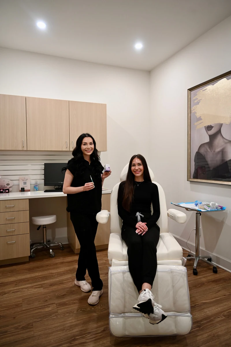 Dr. Olivia, DNP, APRN, and Danielle Hancock, Licensed Aesthetician, in the facial treatment room at Coastal Health & Medical Spa in Jacksonville, FL, where lymphatic drainage facials are performed