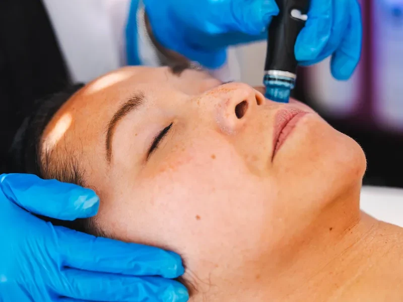 Lymphatic drainage facial in Jacksonville: a gloved Coastal Health & Medical Spa provider supporting a patient's jaw during a HydraFacial
