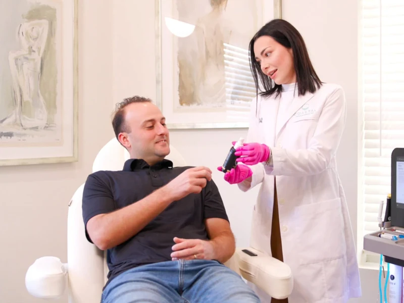 Men's facial in Jacksonville: Dr. Olivia with a male patient beside the HydraFacial platform at Coastal Health & Medical Spa