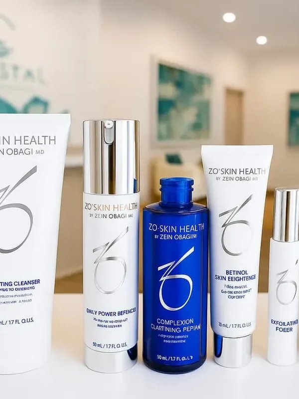 ZO Skin Health cleanser, exfoliating polish, serums, and retinol lined up in the lobby of Coastal Health & Medical Spa in Jacksonville, the homecare options paired with a men's facial