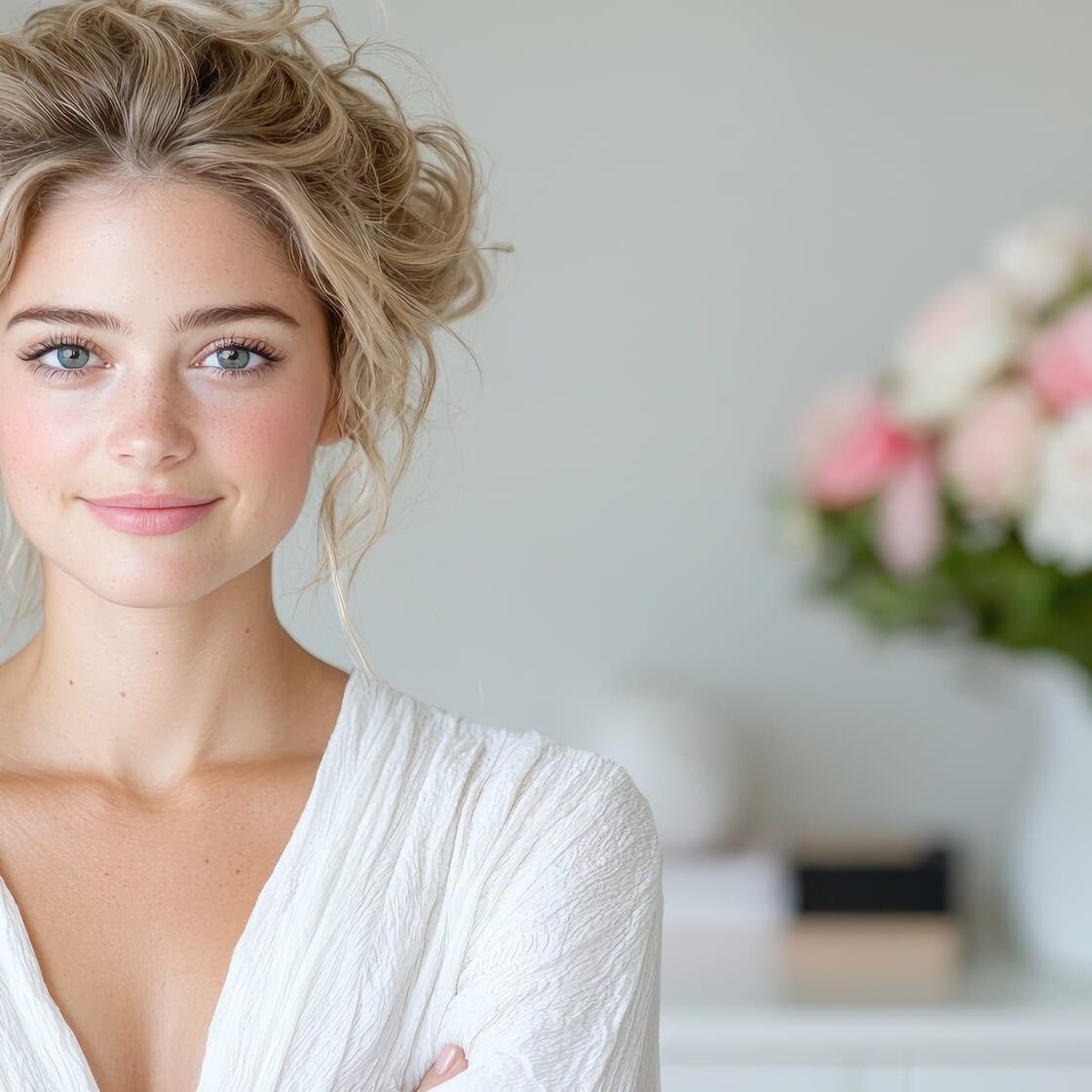 A woman with makeup ready skin before her wedding after receiving bridal facials in preparation for the wedding date.