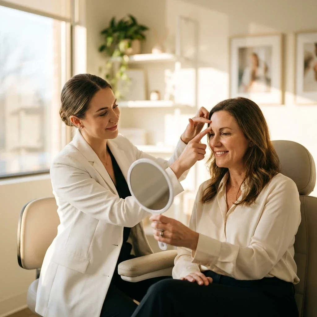 Provider reviewing results with a patient in a hand mirror during an aesthetic consultation at Coastal Health & Medical Spa in Jacksonville, FL