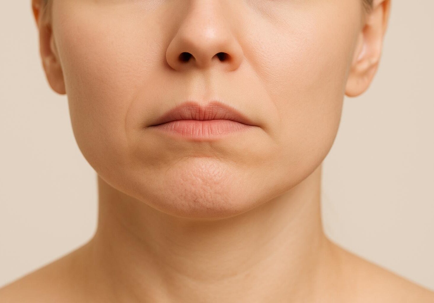 A woman's chin with a pebbled texture, known as chin dimpling, before receiving a Botox treatment to smooth the mentalis muscle.