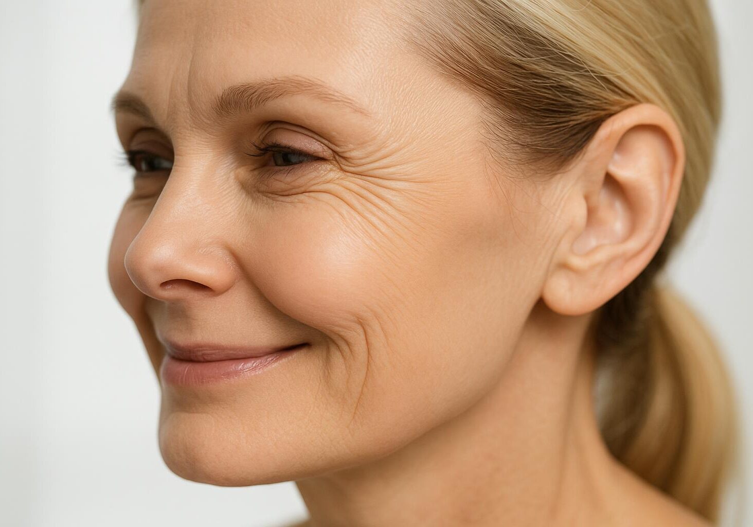 Side profile of a woman smiling, showing crow's feet around the eye, an area effectively treated with Botox to smooth fine lines.