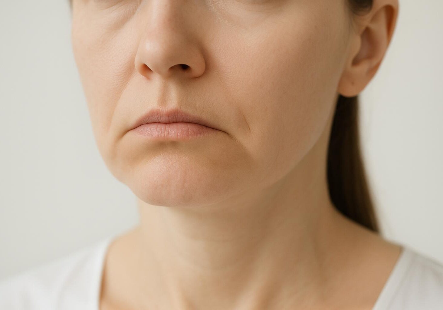 A woman's downturned mouth corners, which can be lifted with Botox injections into the DAO muscle for a more pleasant resting expression."