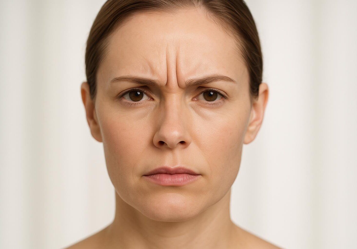 A woman's glabellar frown lines, or '11s', being examined before a Botox treatment designed to relax the muscles and soften her expression.