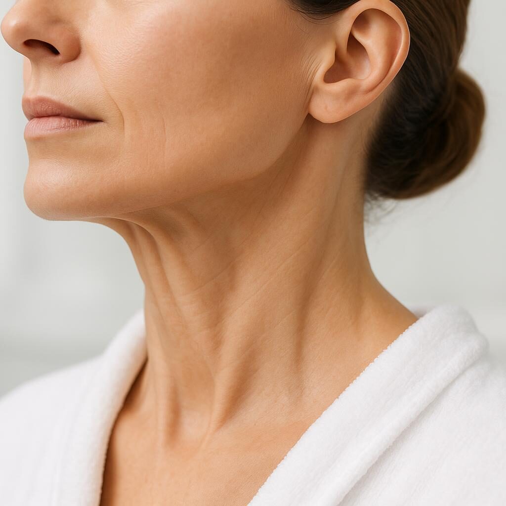 A woman's neck profile showing prominent platysmal bands, which can be softened with Dysport for a more youthful neck contour.