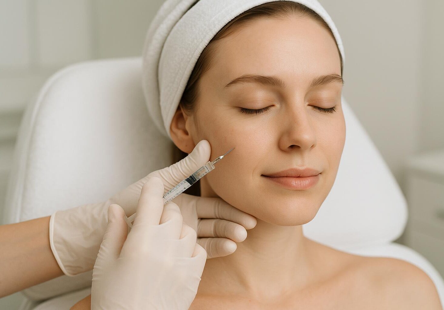 A younger woman receiving a preventative Dysport microtreatment to stop early fine lines from becoming deep-set wrinkles.
